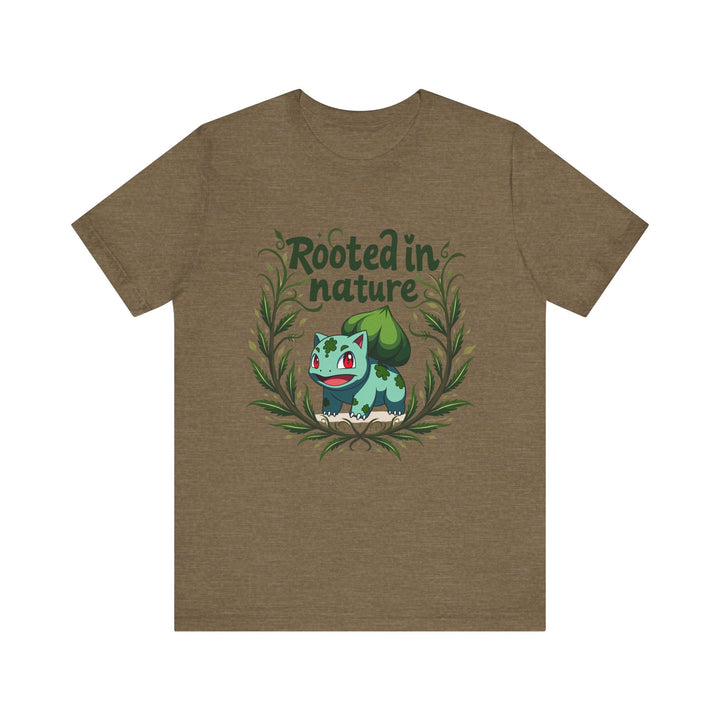 Pokemon Rooted In Nature T Shirt | Heather Olive Twill Tees