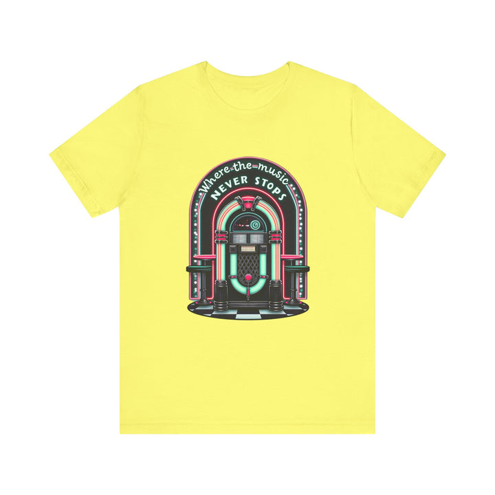 Retro Where The Music Never Stops T Shirt | Yellow Twill Tees
