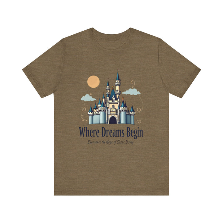 Disney Where Dreams Begin T Shirt | Heather Olive