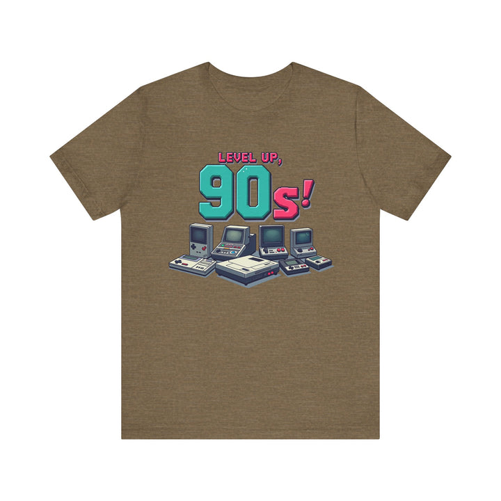 90s Level Up Retro Gaming T Shirt | Heather Olive Twill Tees