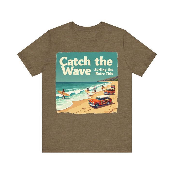 Retro Beach Catch the Wave T Shirt | Heather Olive