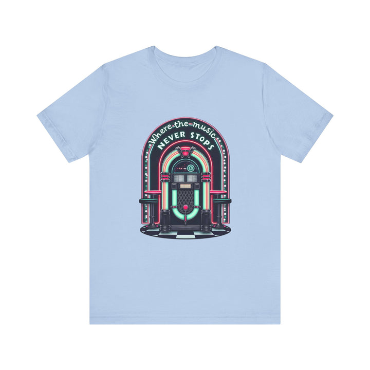 Retro Where The Music Never Stops T Shirt | Baby Blue Twill Tees