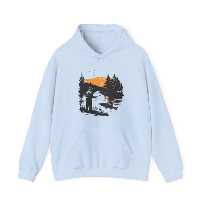 Fishing Sunset Angler Hoodie | Light Blue Twill Tees