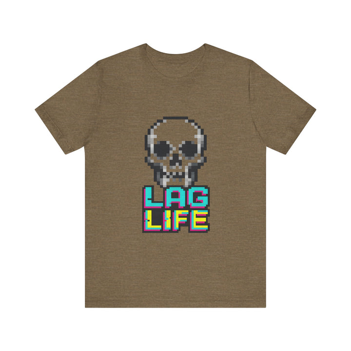 Retro Gaming Pixel Skull Lag Life T-Shirt | Heather Olive Twill Tees