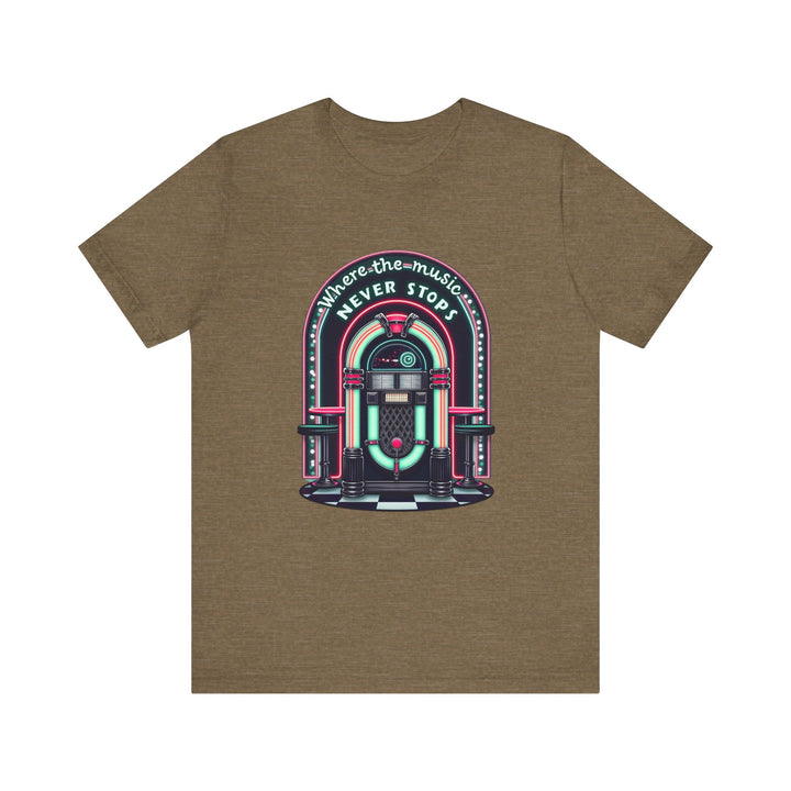 Retro Where The Music Never Stops T Shirt | Heather Olive Twill Tees