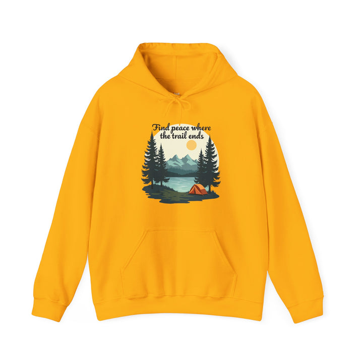 Hiking Find Peace Where The Trail Ends Hoodie | Gold Twill Tees