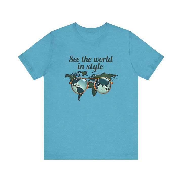 Classic See The World In Style T Shirt | Heather Aqua Twill Tees