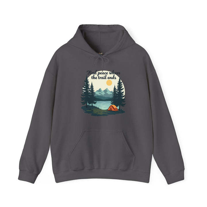 Hiking Find Peace Where The Trail Ends Hoodie | Charcoal Twill Tees