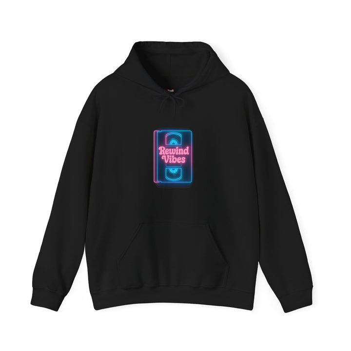Retro VHS Rewind Vibes Graphic Hoodie | Black Printify
