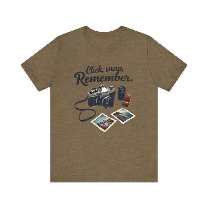 Retro Click, Snap, Remember T Shirt | Heather Olive Twill Tees