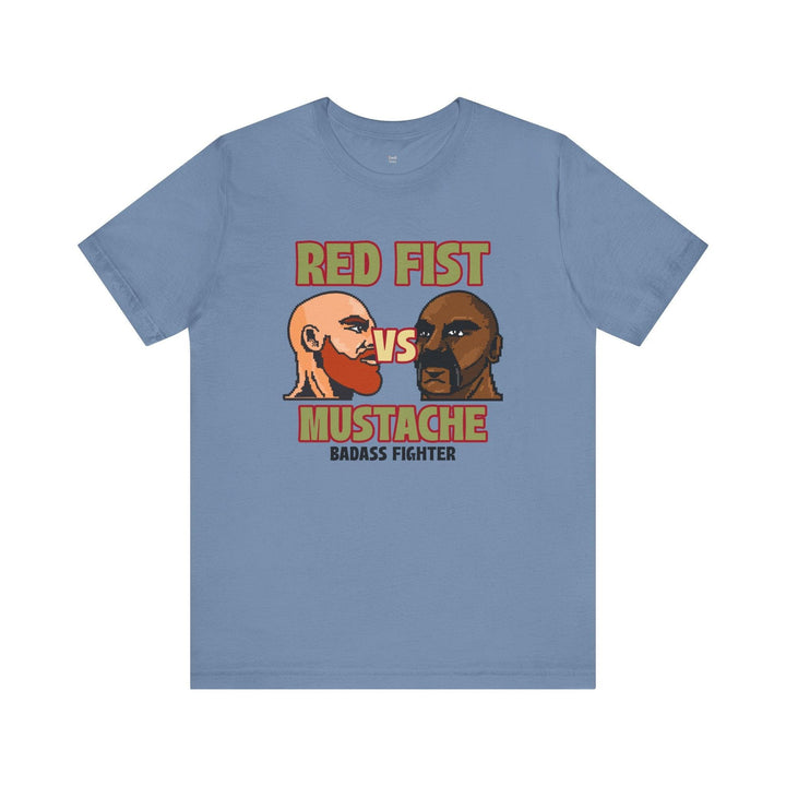 Retro Gaming Red Fist vs Mustache T Shirt | Steel Blue