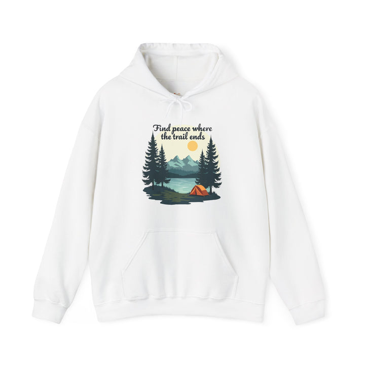 Hiking Find Peace Where The Trail Ends Hoodie | White Twill Tees
