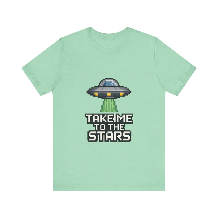 Alien Pixel UFO Take Me Stars T-Shirt | Heather Mint Printify