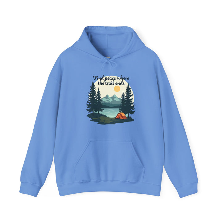 Hiking Find Peace Where The Trail Ends Hoodie | Carolina Blue Twill Tees
