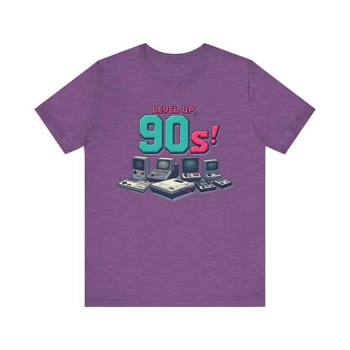 90s Level Up Retro Gaming T Shirt | Heather Team Purple Twill Tees