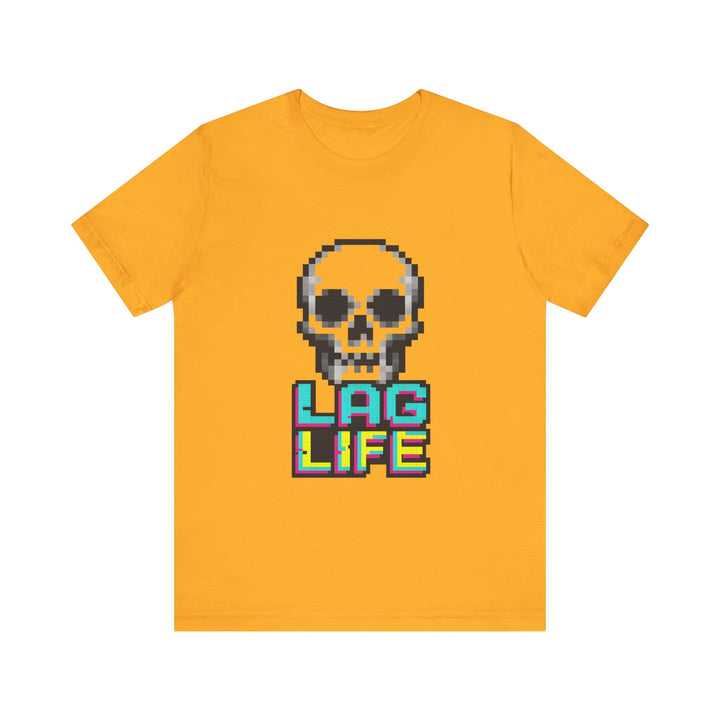 Retro Gaming Pixel Skull Lag Life T-Shirt | Gold Twill Tees