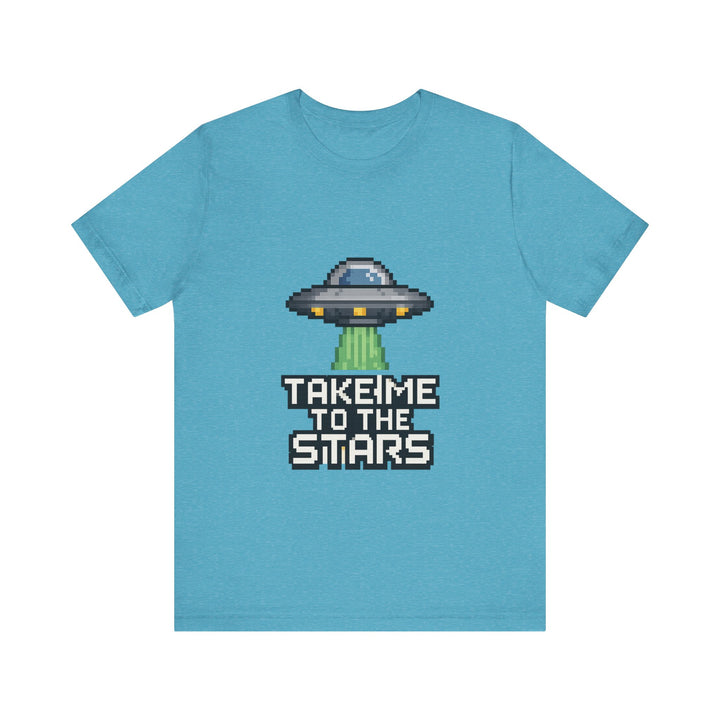 Alien Pixel UFO Take Me Stars T-Shirt | Heather Aqua Printify