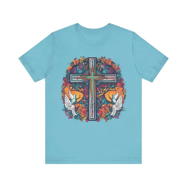 Christian Floral Cross Peace T Shirt | Turquoise