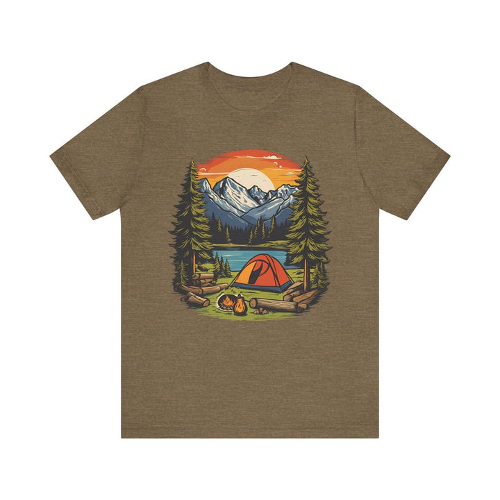 Summer Camp Mountain Campfire Retreat T Shirt | Heather Olive